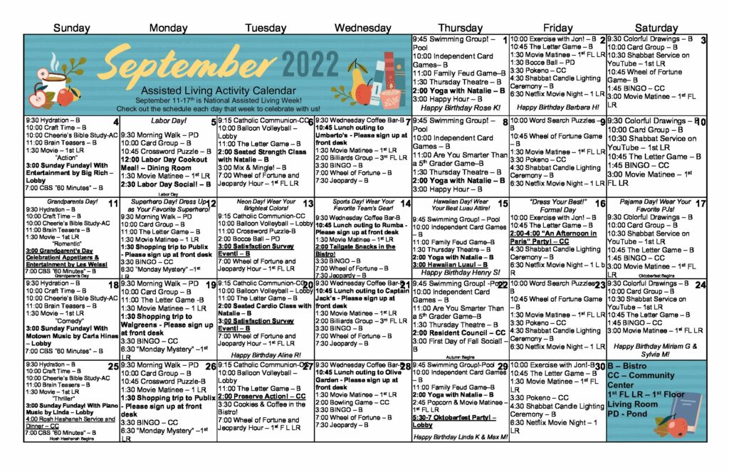 View Our September Assisted Living Activity Calendar Preserve at