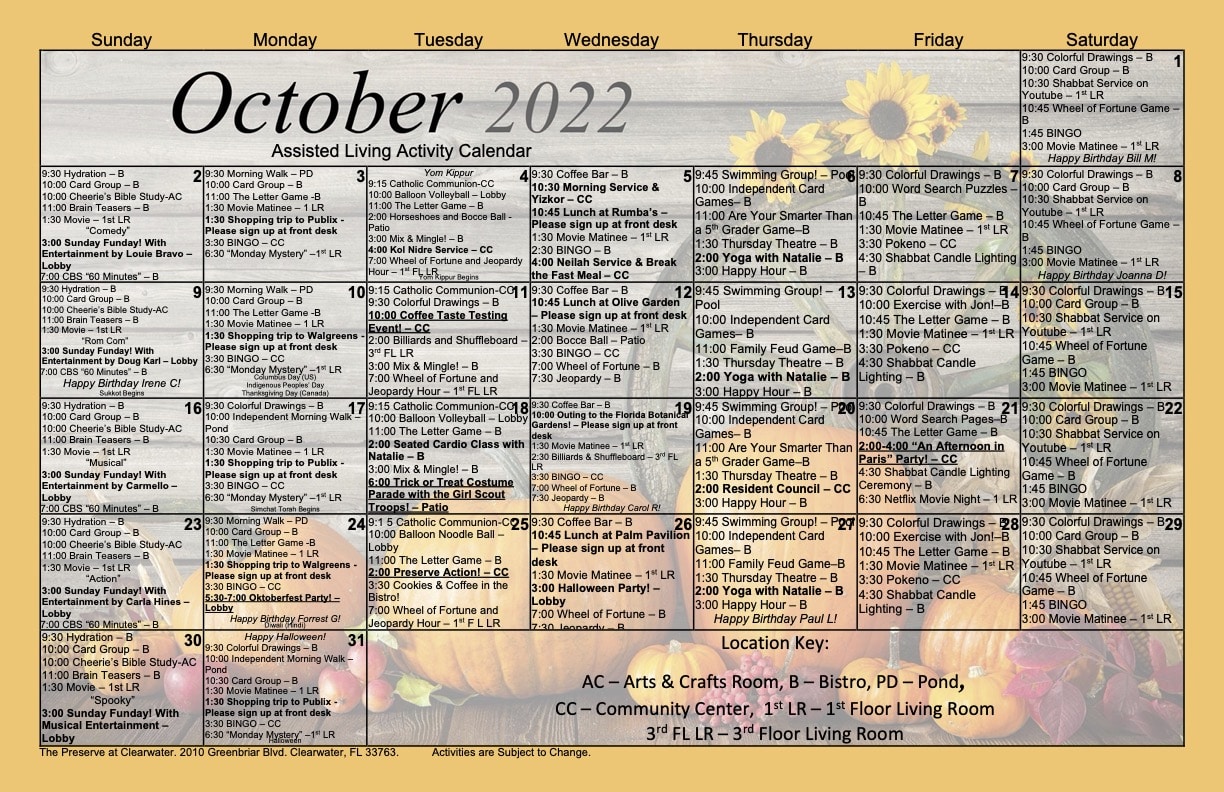 View Our October Assisted Living Activity Calendar Preserve at Clearwater