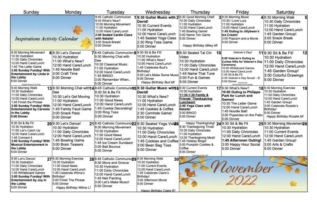 View Our November Memory Care Activity Calendar Preserve at Clearwater
