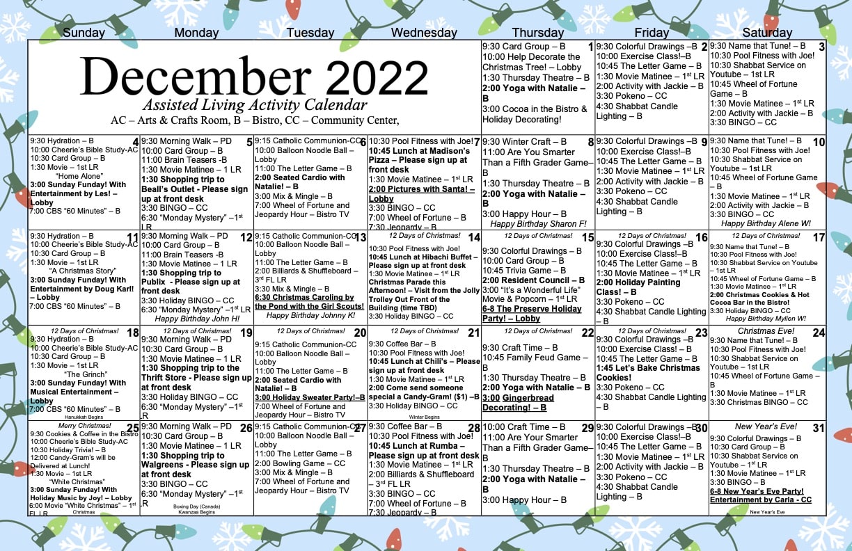 View Our December Assisted Living Activity Calendar Preserve at