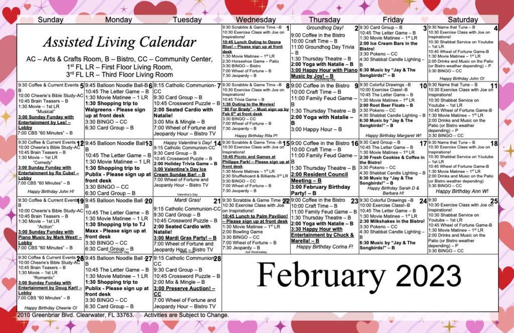 View Our February Assisted Living Activity Calendar Preserve at