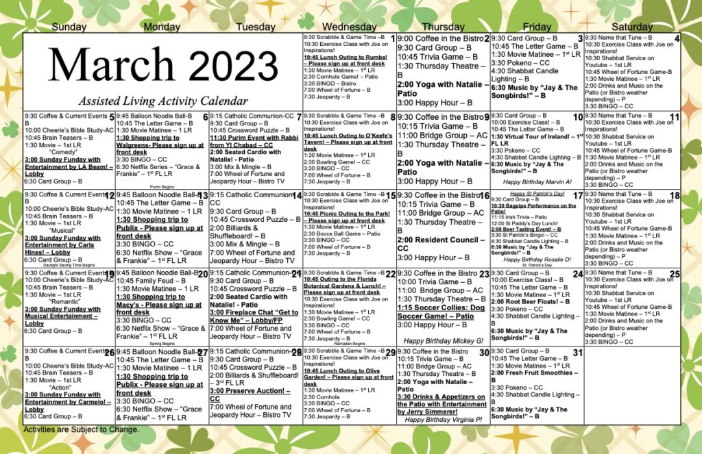 View Our March Assisted Living Activity Calendar Preserve at Clearwater