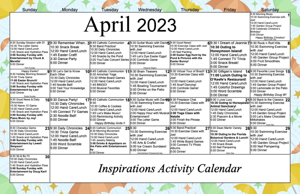View Our April Memory Care Activity Calendar Preserve at Clearwater